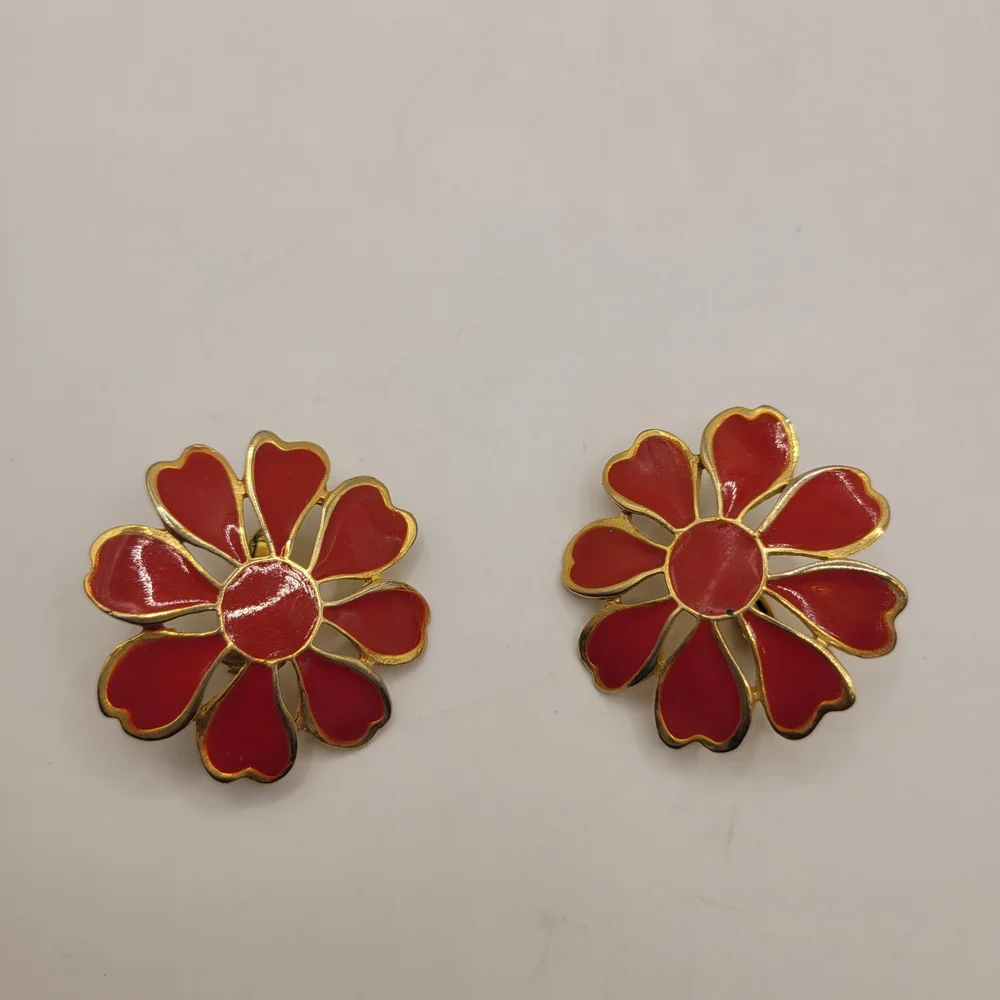 Red Gold-Tone Flower Enamel Clip Earrings